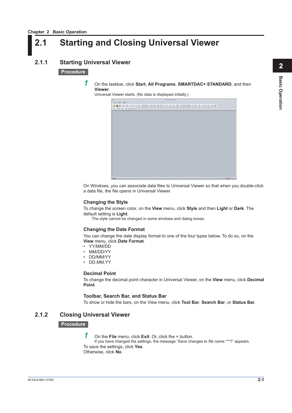 Chapter 2 basic operation, 1 starting and closing universal viewer, 1 starting universal viewer | 2 closing universal viewer, Starting and closing universal viewer -1, Starting universal viewer -1, Closing universal viewer -1 | Yokogawa Touch Screen GP20 User Manual | Page 17 / 98