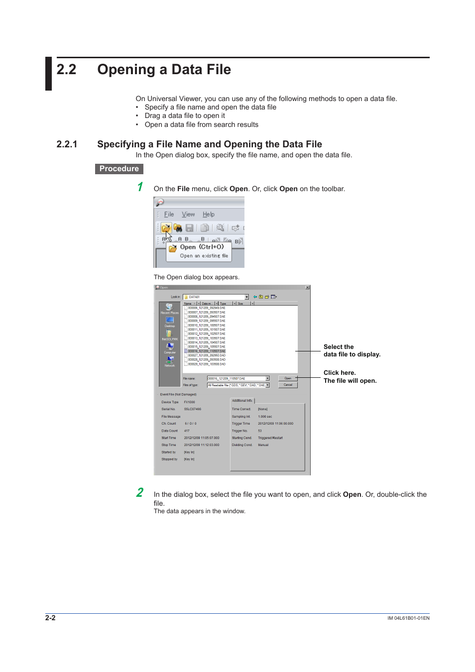 2 opening a data file, 1 specifying a file name and opening the data file, Opening a data file -2 | Yokogawa Touch Screen GP20 User Manual | Page 18 / 98