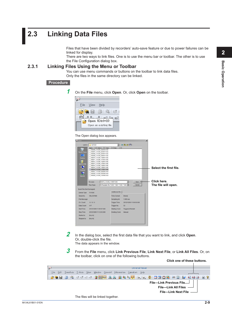 3 linking data files, 1 linking files using the menu or toolbar, Linking data files -9 | Linking files using the menu or toolbar -9 | Yokogawa Touch Screen GP20 User Manual | Page 25 / 98