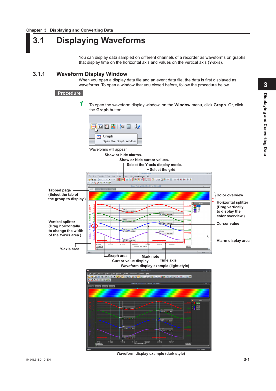 Chapter 3 displaying and converting data, 1 displaying waveforms, 1 waveform display window | Displaying waveforms -1, Waveform display window -1, Index | Yokogawa Touch Screen GP20 User Manual | Page 31 / 98