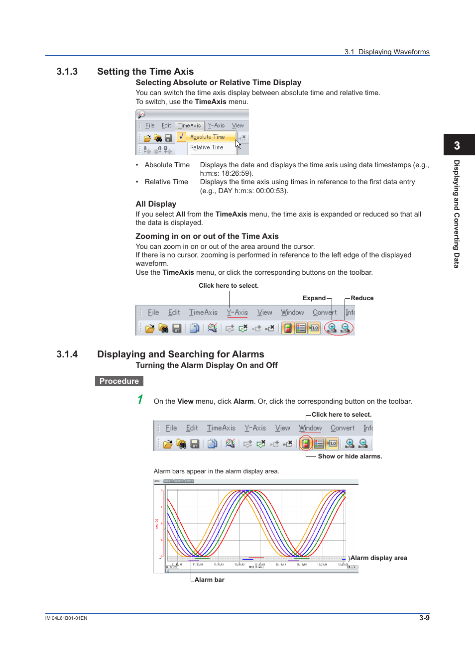 3 setting the time axis, 4 displaying and searching for alarms, Setting the time axis -9 | Displaying and searching for alarms -9 | Yokogawa Touch Screen GP20 User Manual | Page 39 / 98