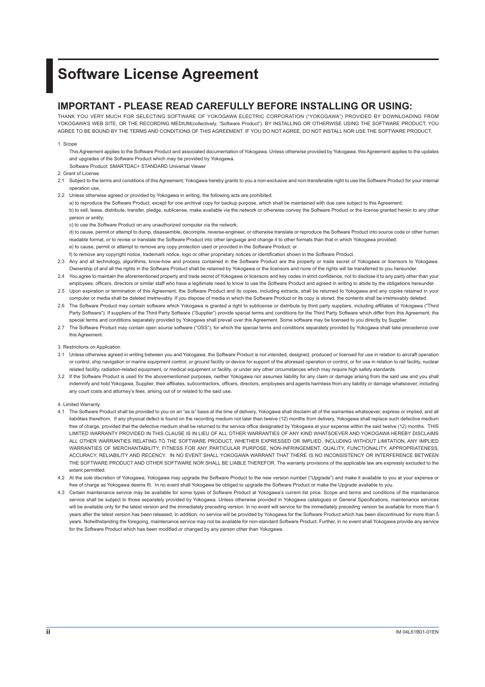 Software license agreement | Yokogawa Touch Screen GP20 User Manual | Page 4 / 98