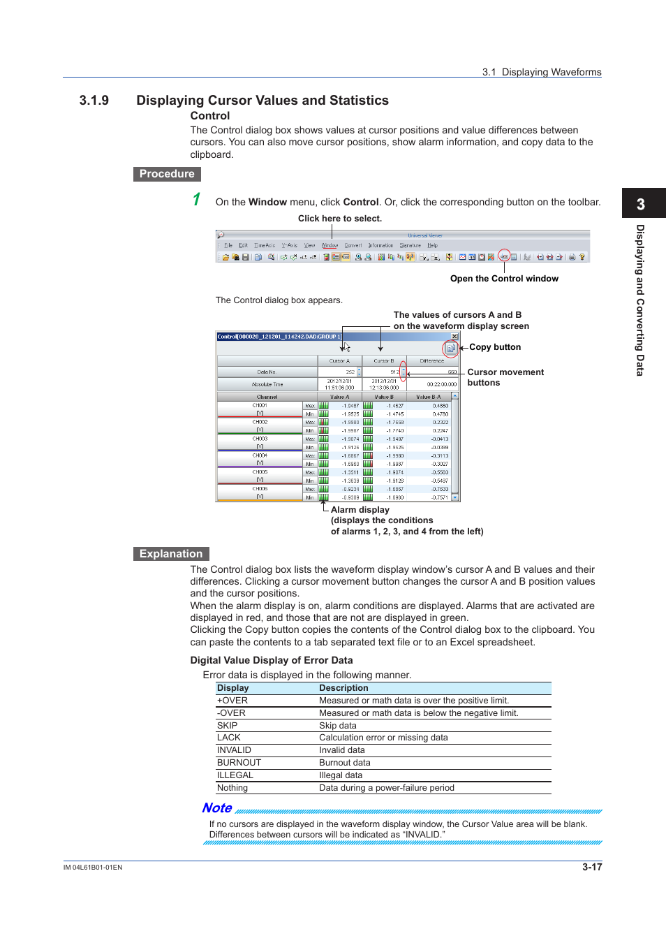 9 displaying cursor values and statistics, Displaying cursor values and statistics -17 | Yokogawa Touch Screen GP20 User Manual | Page 47 / 98