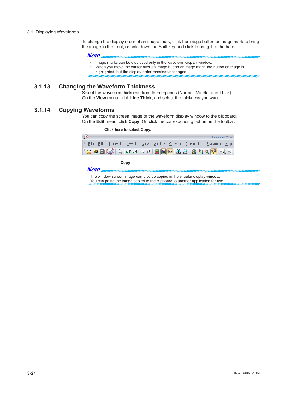 13 changing the waveform thickness, 14 copying waveforms, 13 changing the waveform thickness -24 | 14 copying waveforms -24 | Yokogawa Touch Screen GP20 User Manual | Page 54 / 98