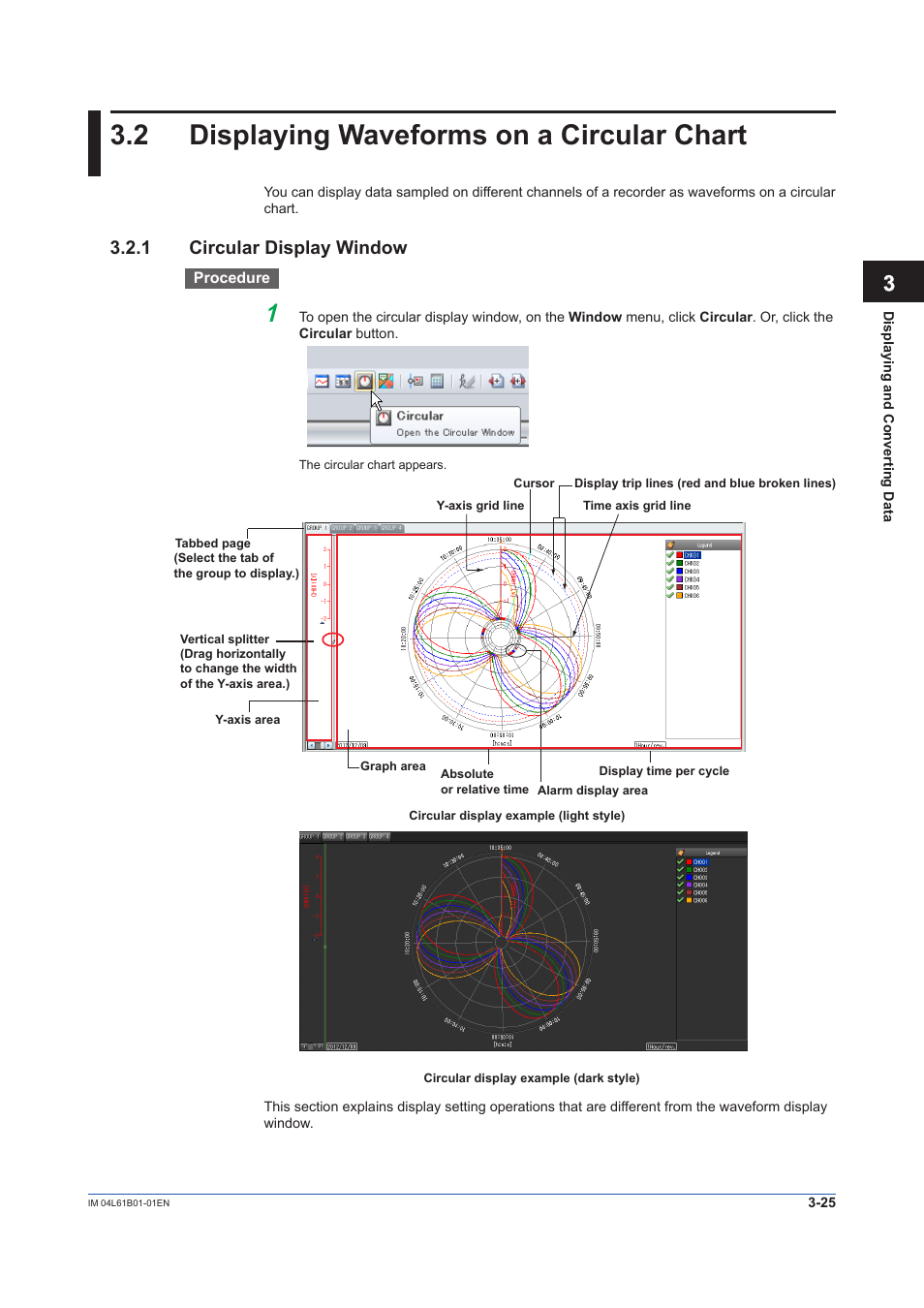 2 displaying waveforms on a circular chart, 1 circular display window, Displaying waveforms on a circular chart -25 | Circular display window -25 | Yokogawa Touch Screen GP20 User Manual | Page 55 / 98