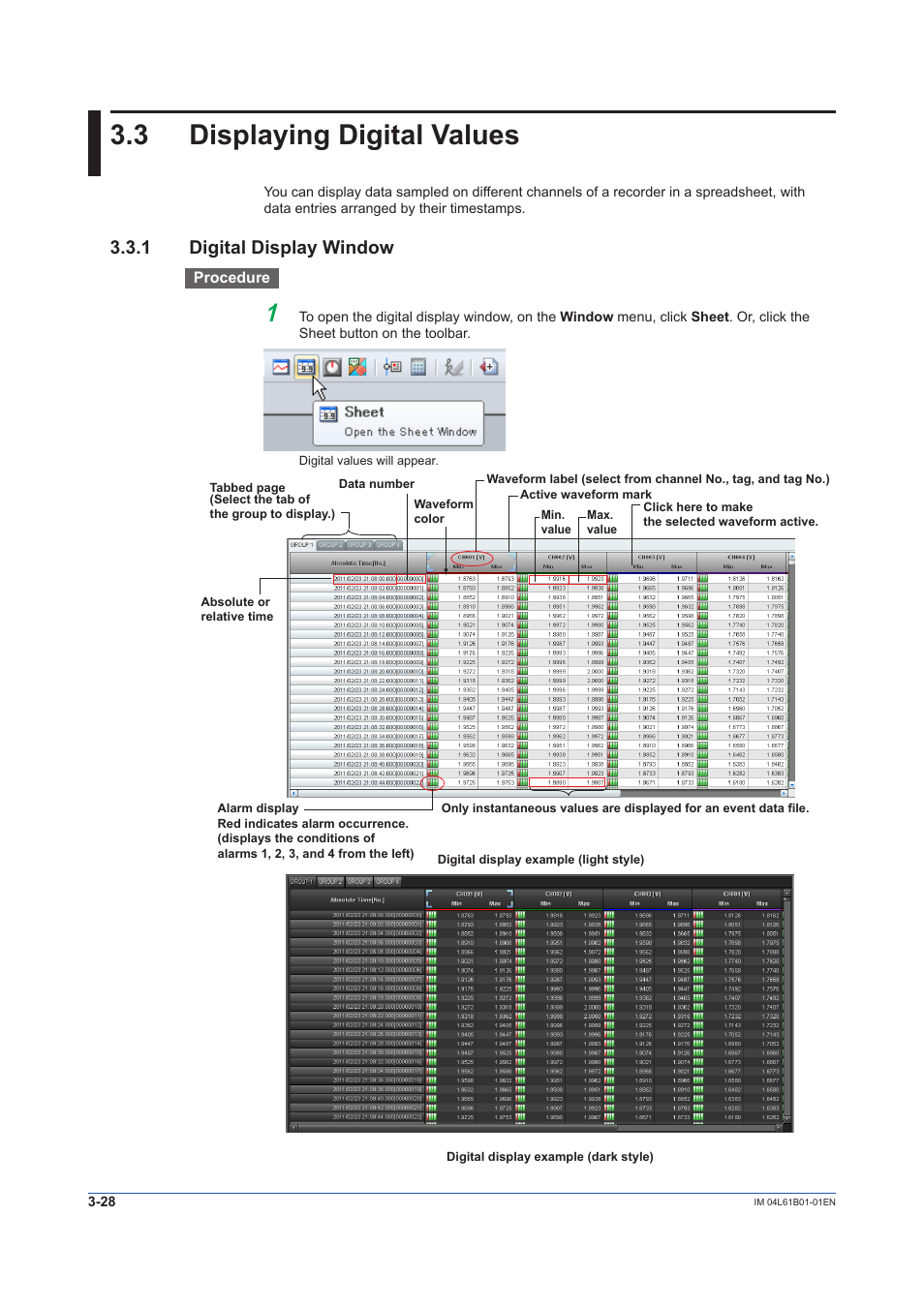 3 displaying digital values, 1 digital display window, Displaying digital values -28 | Digital display window -28 | Yokogawa Touch Screen GP20 User Manual | Page 58 / 98