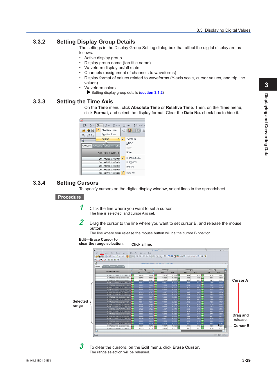2 setting display group details, 3 setting the time axis, 4 setting cursors | Setting display group details -29, Setting the time axis -29, Setting cursors -29 | Yokogawa Touch Screen GP20 User Manual | Page 59 / 98