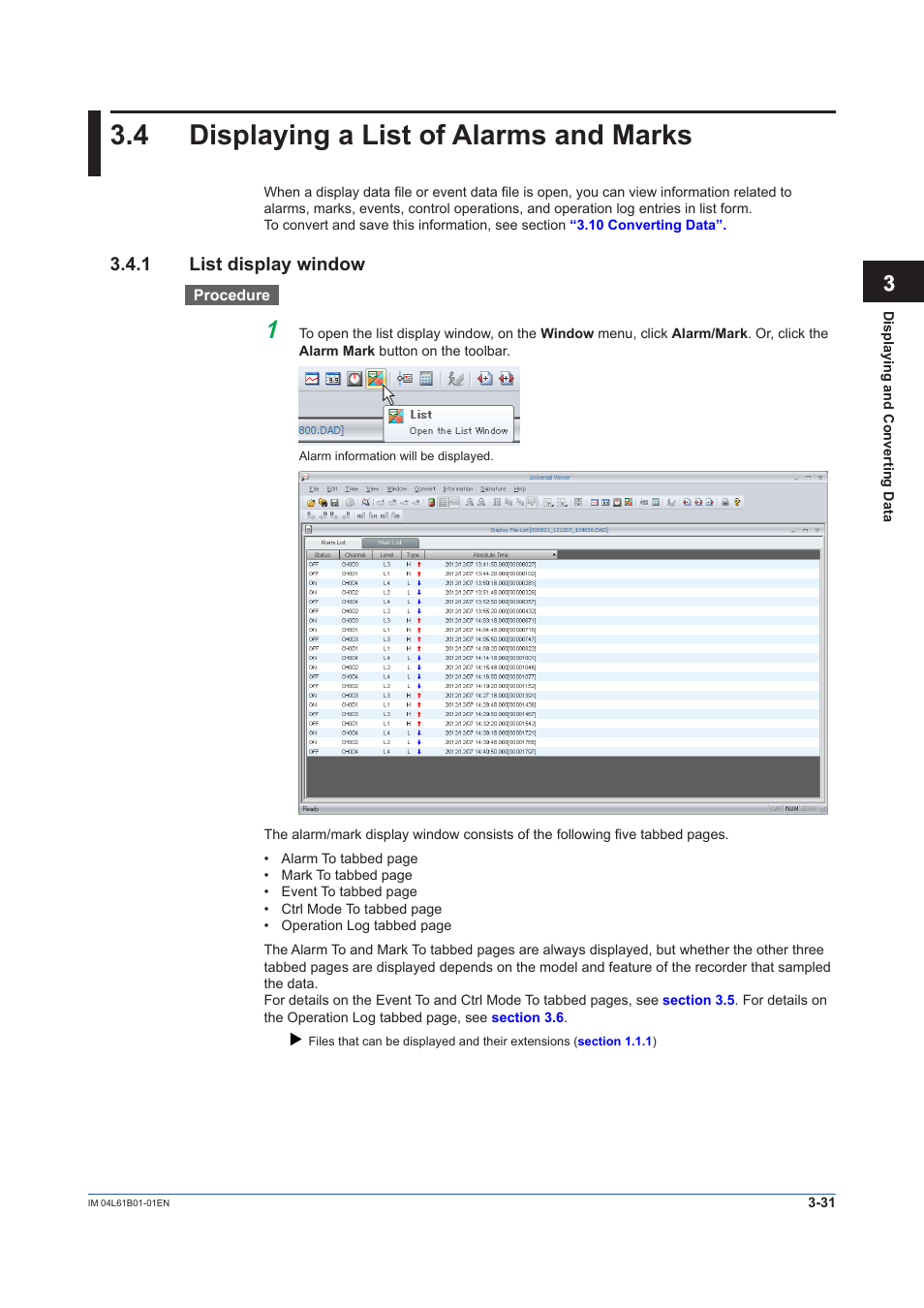 4 displaying a list of alarms and marks, 1 list display window, Displaying a list of alarms and marks -31 | List display window -31 | Yokogawa Touch Screen GP20 User Manual | Page 61 / 98