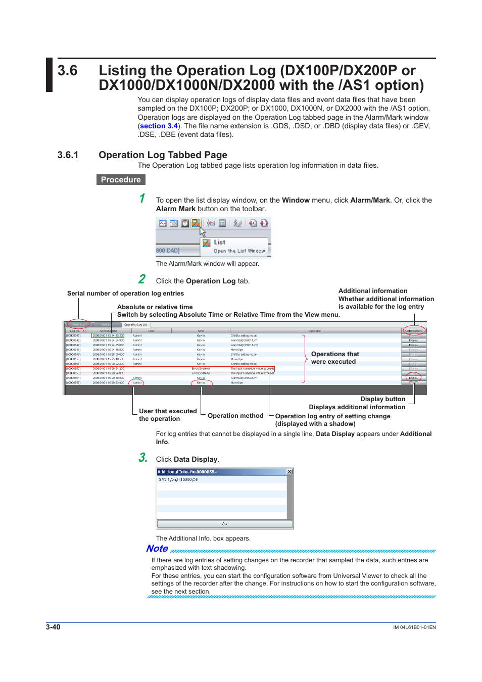 Section 3.6, 1 operation log tabbed page | Yokogawa Touch Screen GP20 User Manual | Page 70 / 98