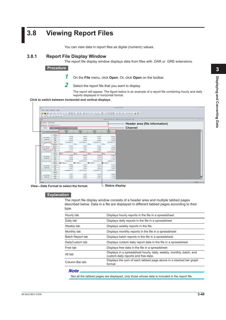 8 viewing report files, 1 report file display window, Viewing report files -49 | Report file display window -49 | Yokogawa Touch Screen GP20 User Manual | Page 79 / 98
