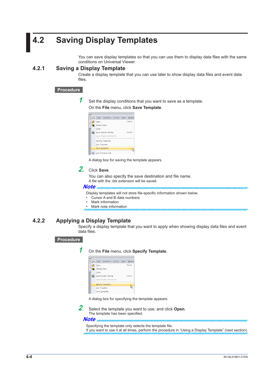 2 saving display templates, 1 saving a display template, 2 applying a display template | Saving display templates -4, Saving a display template -4, Applying a display template -4 | Yokogawa Touch Screen GP20 User Manual | Page 92 / 98