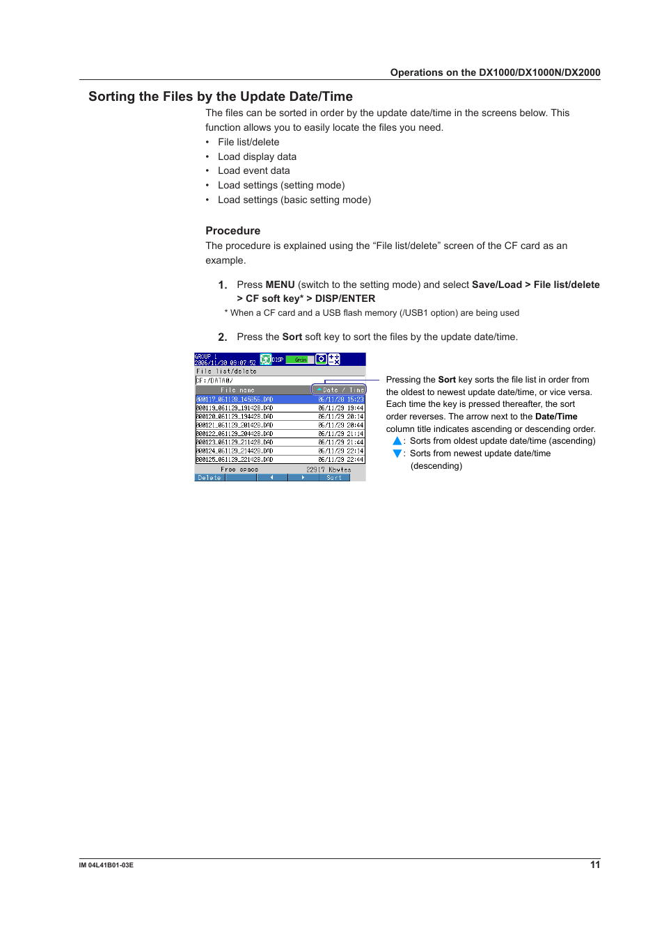 Sorting the files by the update date/time | Yokogawa Removable Chassis DX1000N User Manual | Page 11 / 23