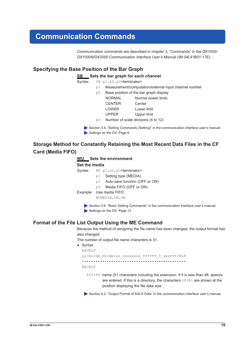 Communication commands, Specifying the base position of the bar graph | Yokogawa Removable Chassis DX1000N User Manual | Page 19 / 23