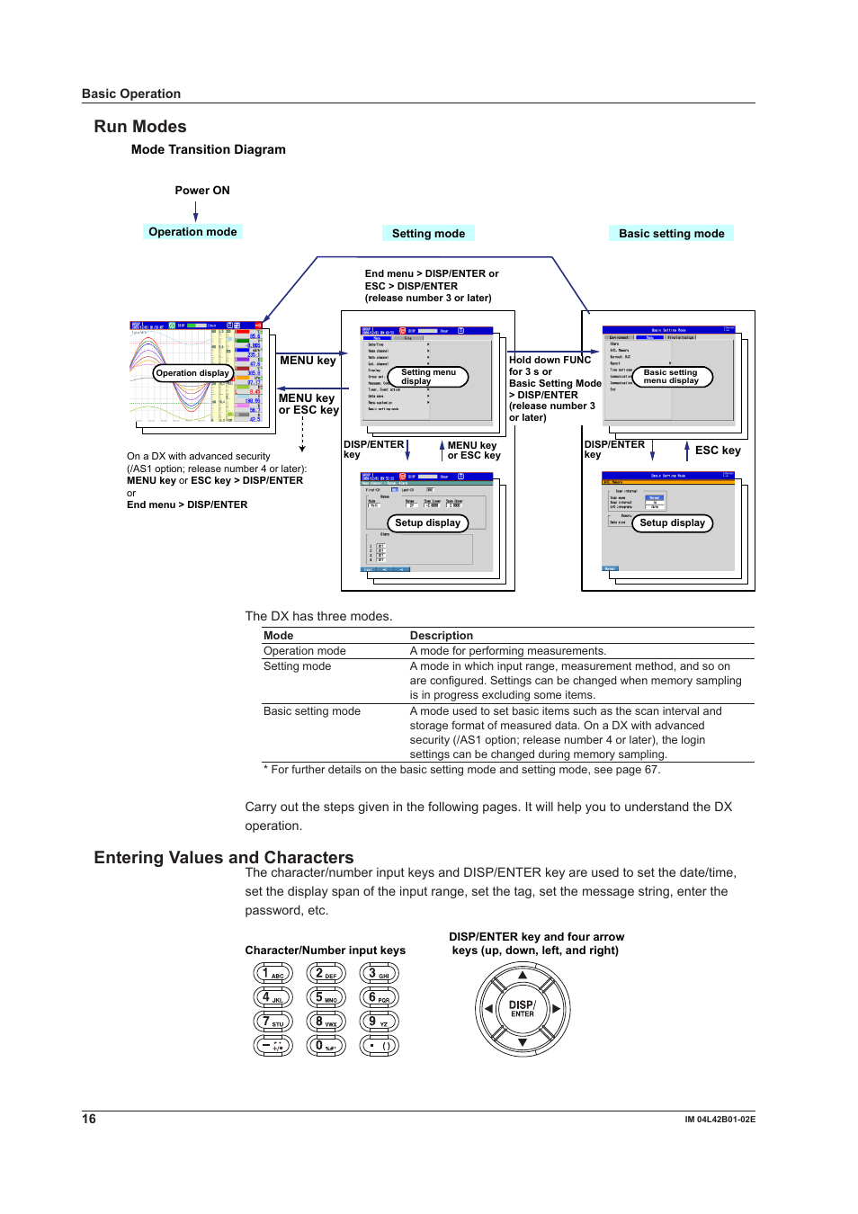 Run modes, Entering values and characters, Run modes entering values and characters | Yokogawa Button Operated DX2000 User Manual | Page 18 / 97