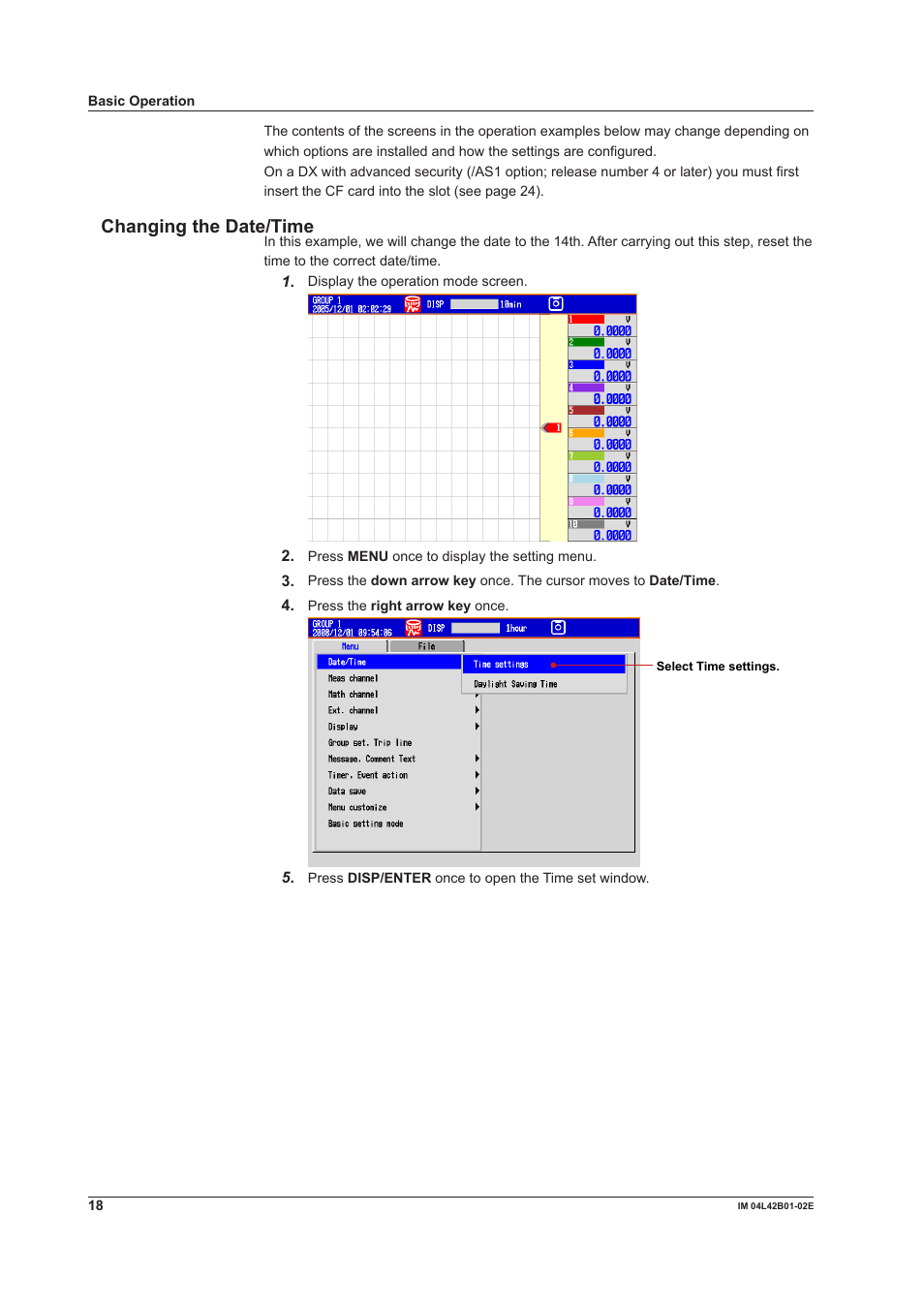 Changing the date/time | Yokogawa Button Operated DX2000 User Manual | Page 20 / 97