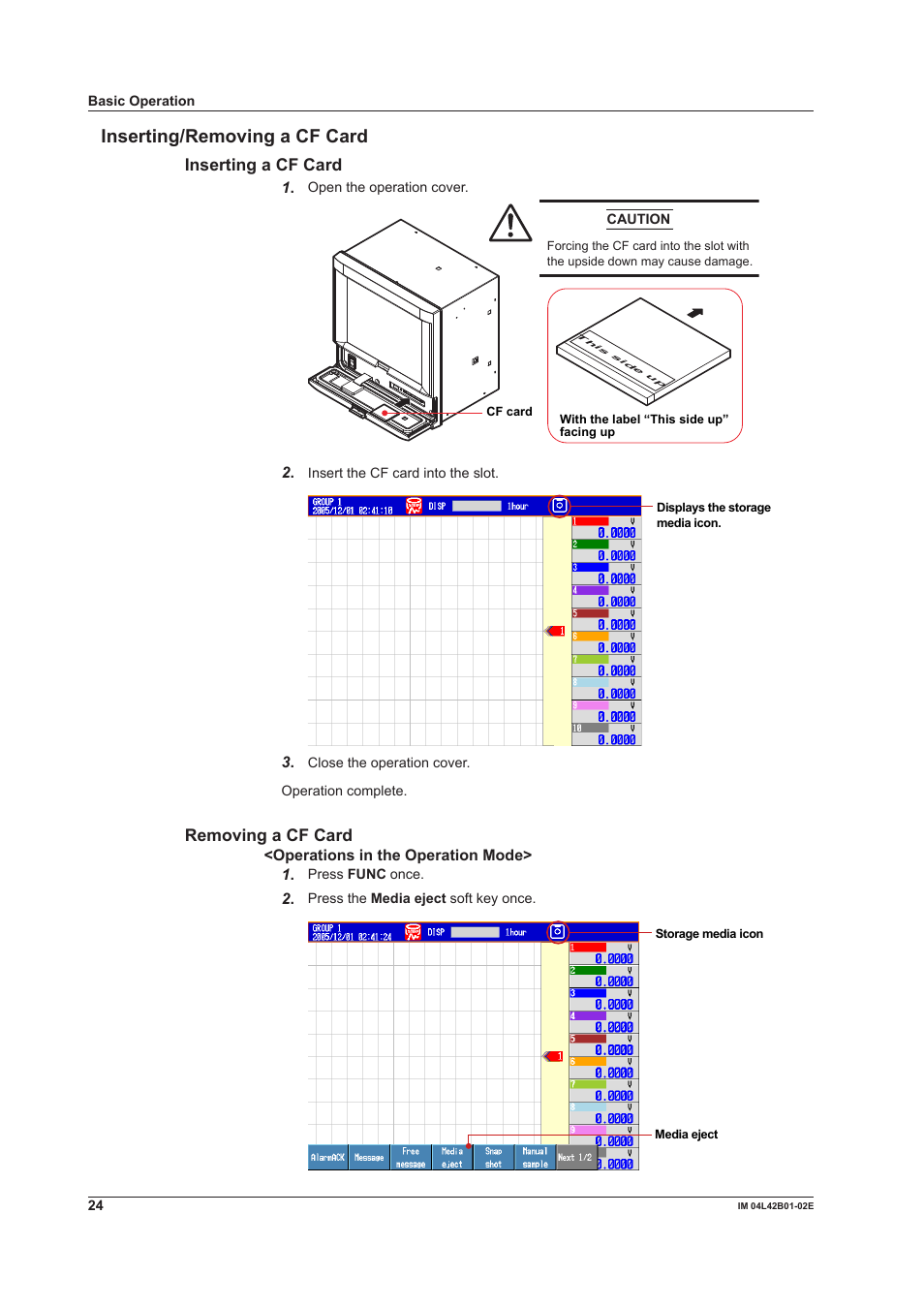 Inserting/removing a cf card | Yokogawa Button Operated DX2000 User Manual | Page 26 / 97