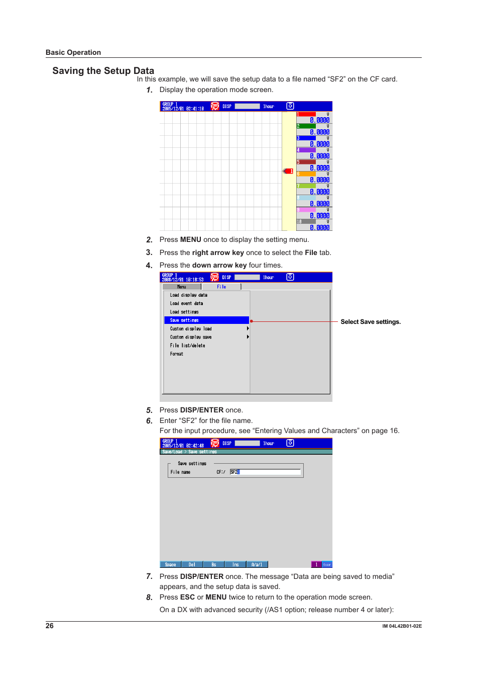 Saving the setup data | Yokogawa Button Operated DX2000 User Manual | Page 28 / 97