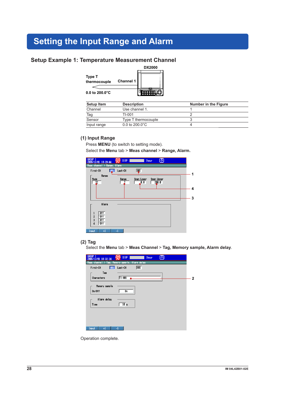 Setting the input range and alarm, Setup example 1: temperature measurement channel | Yokogawa Button Operated DX2000 User Manual | Page 30 / 97