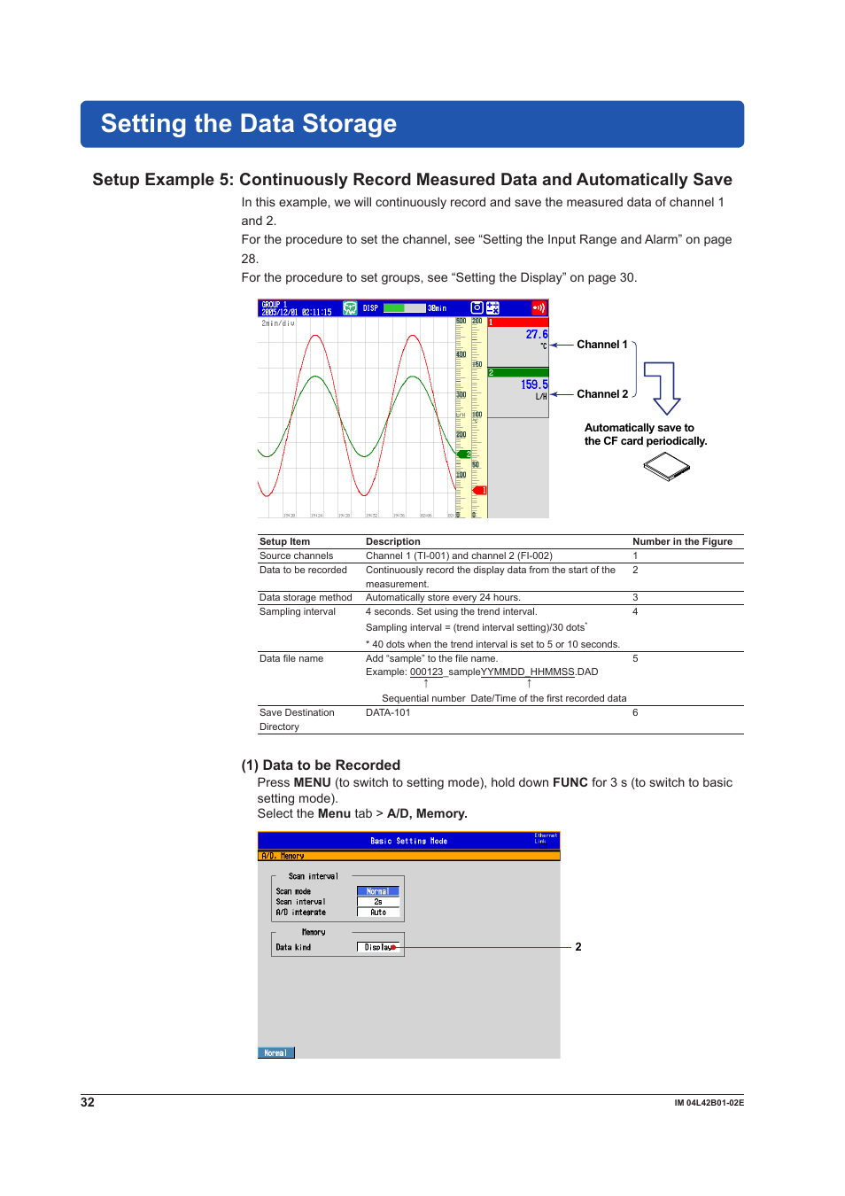 Setting the data storage, 1) data to be recorded | Yokogawa Button Operated DX2000 User Manual | Page 34 / 97