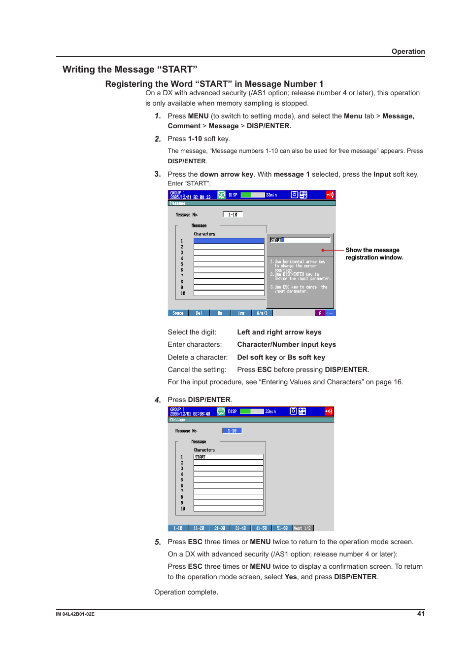 Writing the message “start | Yokogawa Button Operated DX2000 User Manual | Page 43 / 97