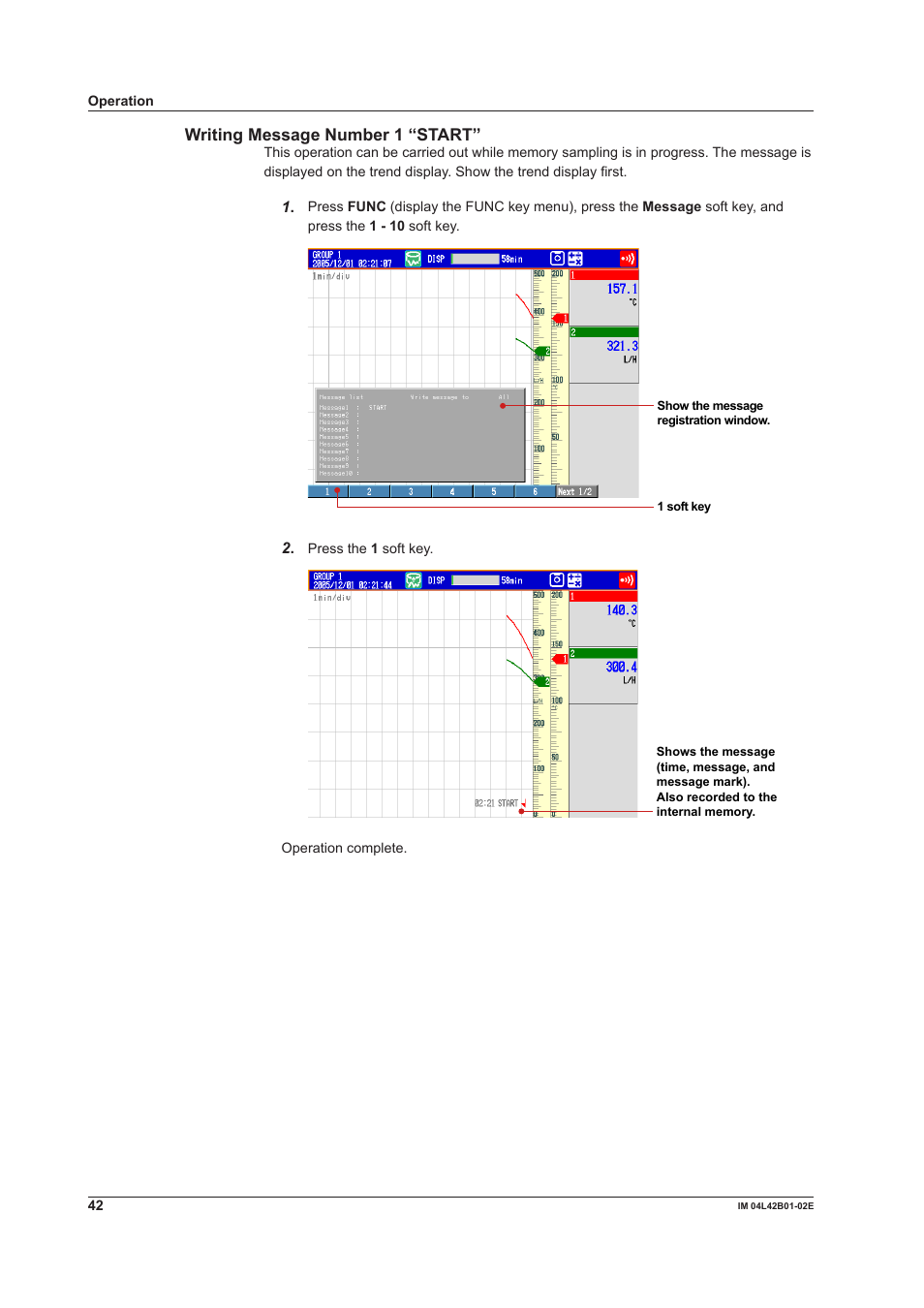 Writing message number 1 “start | Yokogawa Button Operated DX2000 User Manual | Page 44 / 97