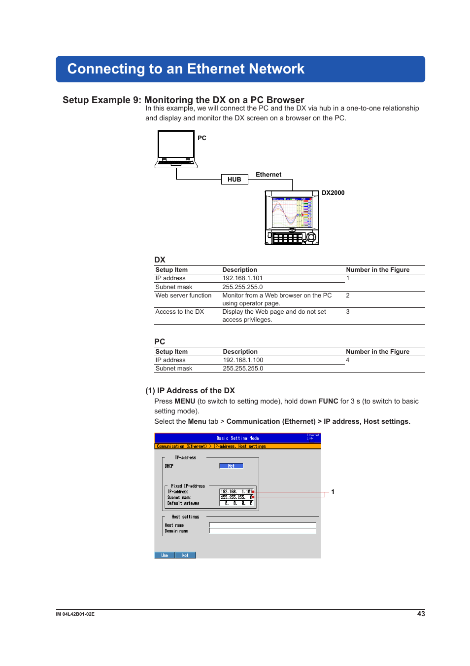 Connecting to an ethernet network, Setup example 9: monitoring the dx on a pc browser | Yokogawa Button Operated DX2000 User Manual | Page 45 / 97