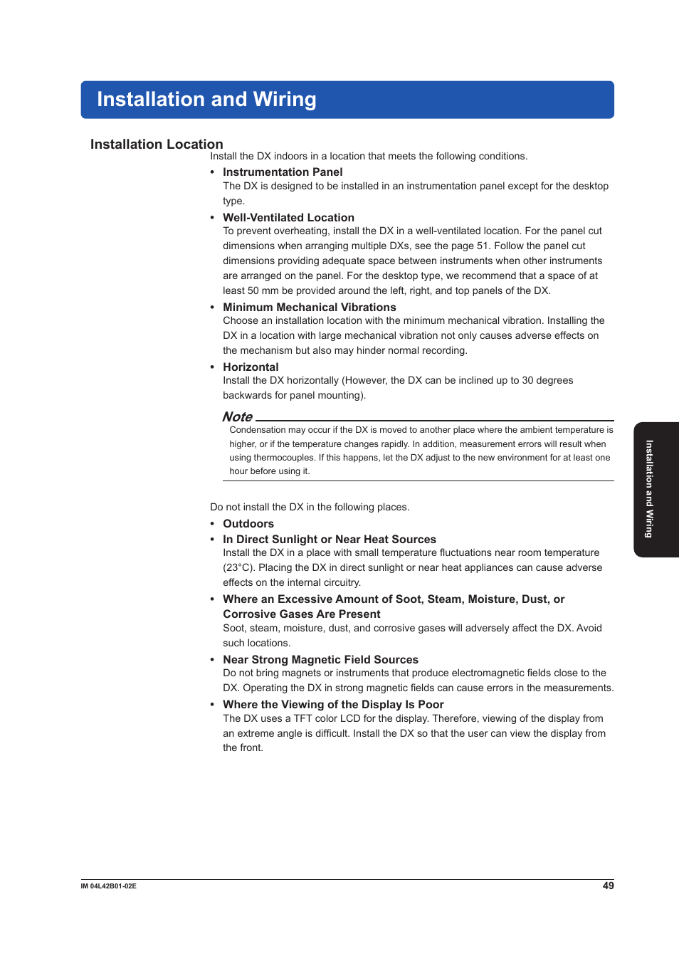 Installation and wiring, Installation location | Yokogawa Button Operated DX2000 User Manual | Page 51 / 97