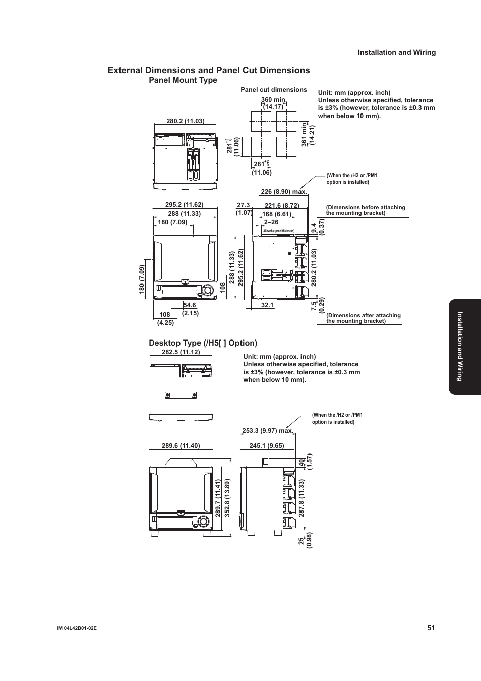 External dimensions and panel cut dimensions, Panel mount type, Desktop type (/h[ ] option) | Yokogawa Button Operated DX2000 User Manual | Page 53 / 97