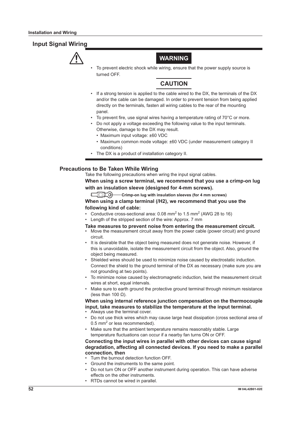 Input signal wiring, Input signal wiring warning, Caution | Yokogawa Button Operated DX2000 User Manual | Page 54 / 97