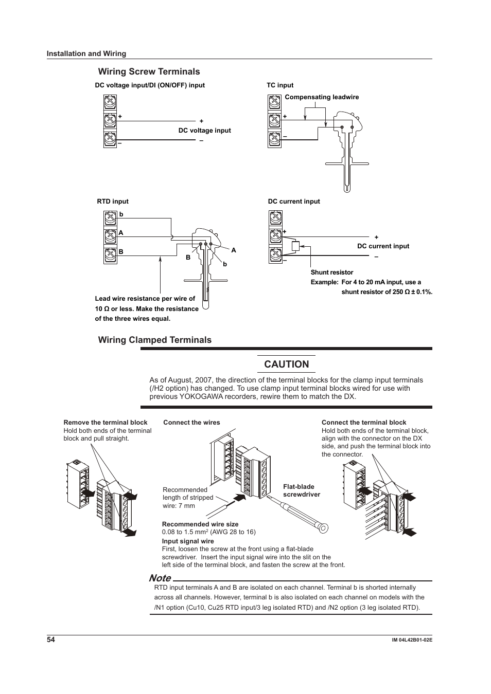 Caution, Wiring screw terminals, Wiring clamped terminals | Yokogawa Button Operated DX2000 User Manual | Page 56 / 97