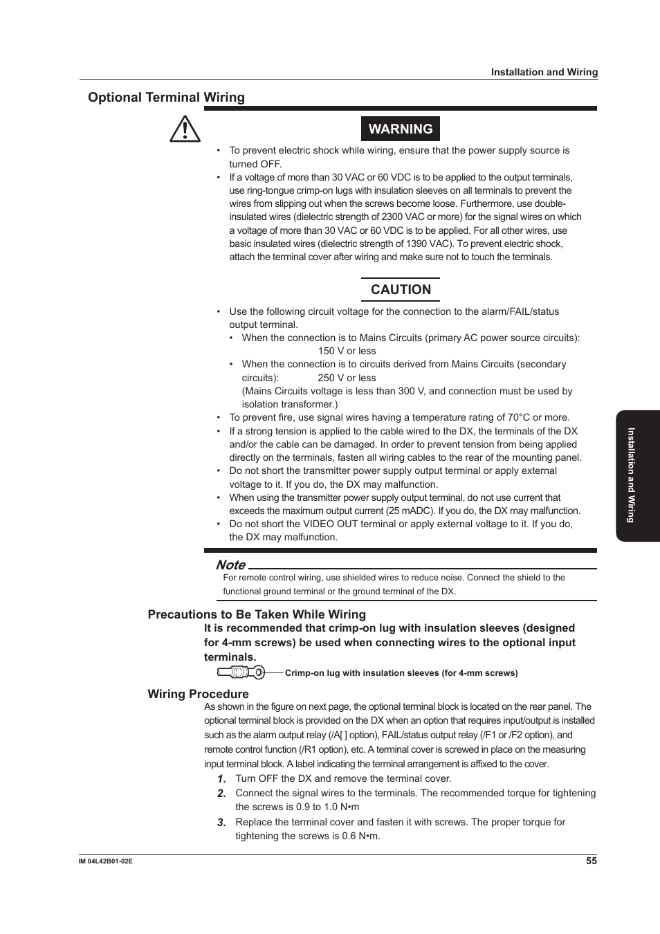 Optional terminal wiring, Optional terminal wiring warning, Caution | Yokogawa Button Operated DX2000 User Manual | Page 57 / 97