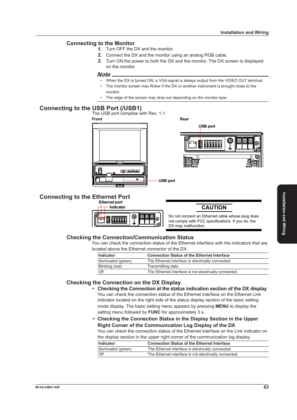 Connecting to the usb port (/usb1), Connecting to the ethernet port, Connecting to the monitor | Checking the connection on the dx display | Yokogawa Button Operated DX2000 User Manual | Page 65 / 97