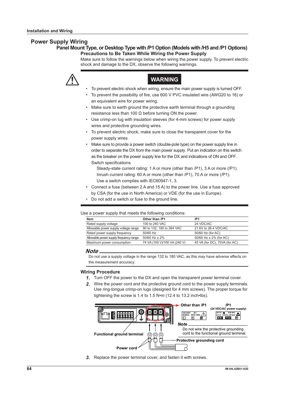 Power supply wiring, Warning, Wiring procedure 1 | Yokogawa Button Operated DX2000 User Manual | Page 66 / 97