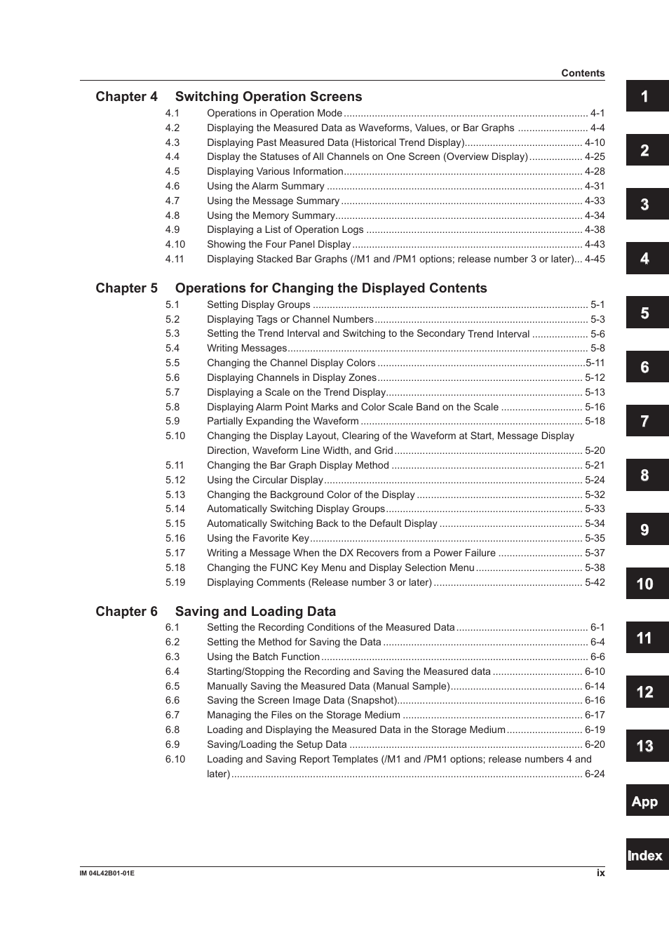 App index, Chapter 4 switching operation screens, Chapter 6 saving and loading data | Yokogawa Button Operated DX2000 User Manual | Page 10 / 359