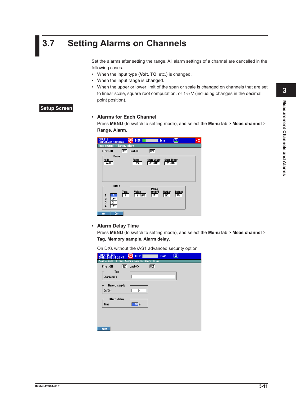 7 setting alarms on channels, Setting alarms on channels -11 | Yokogawa Button Operated DX2000 User Manual | Page 107 / 359