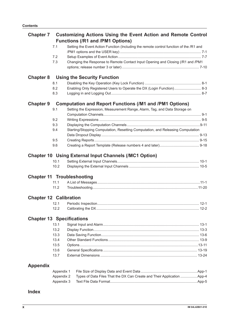 Chapter 8 using the security function, Chapter 11 troubleshooting, Chapter 12 calibration | Chapter 13 specifications, Appendix, Index | Yokogawa Button Operated DX2000 User Manual | Page 11 / 359