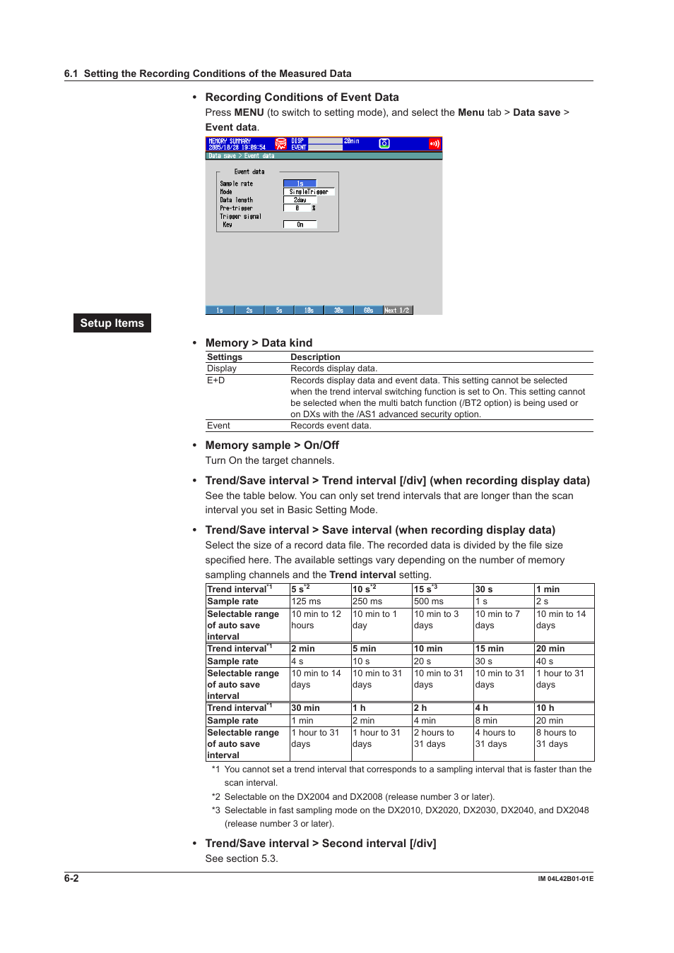 Recording conditions of event data, Trend/save interval > second interval [/div | Yokogawa Button Operated DX2000 User Manual | Page 222 / 359