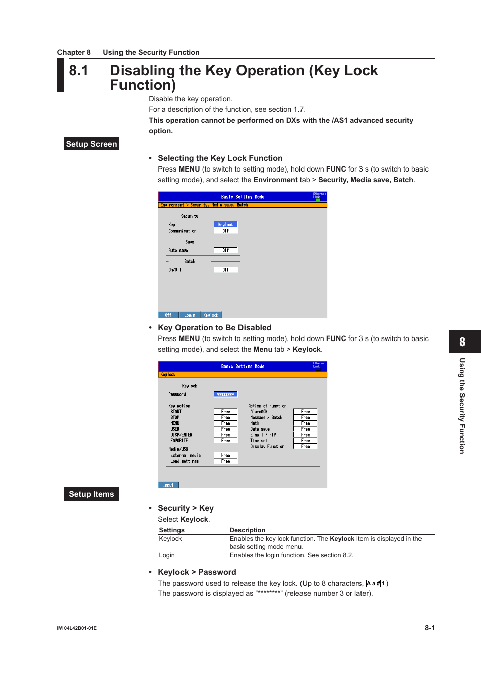 Chapter 8 using the security function, 1 disabling the key operation (key lock function), Disabling the key operation (key lock function) -1 | Yokogawa Button Operated DX2000 User Manual | Page 257 / 359