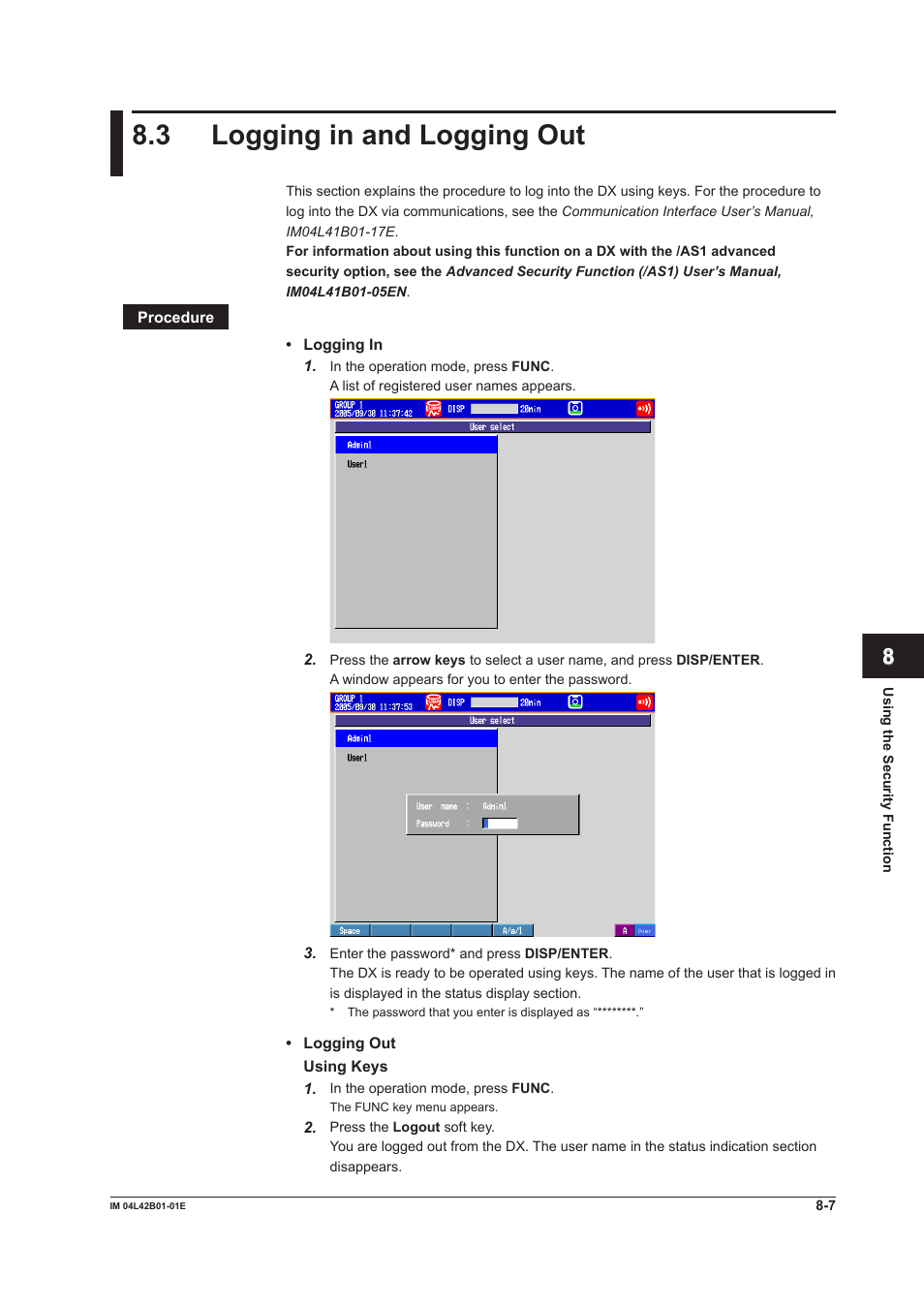 3 logging in and logging out, Logging in and logging out -7 | Yokogawa Button Operated DX2000 User Manual | Page 263 / 359