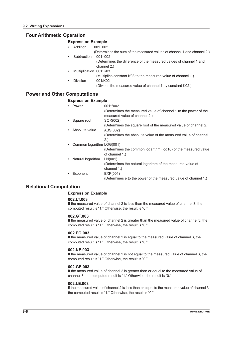 Four arithmetic operation, Power and other computations, Relational computation | Yokogawa Button Operated DX2000 User Manual | Page 270 / 359