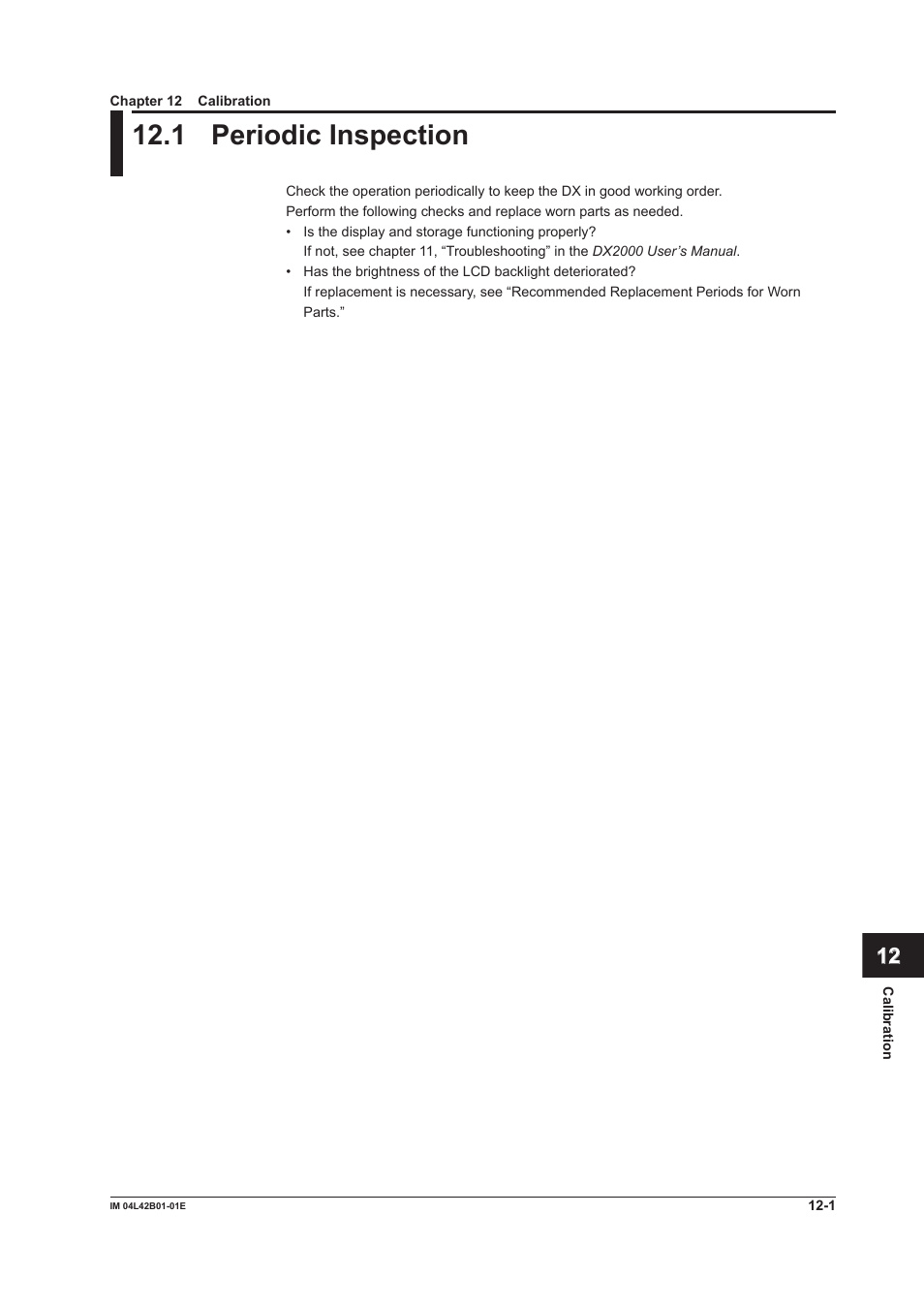 Chapter 12 calibration, 1 periodic inspection, Periodic inspection -1 | Yokogawa Button Operated DX2000 User Manual | Page 316 / 359