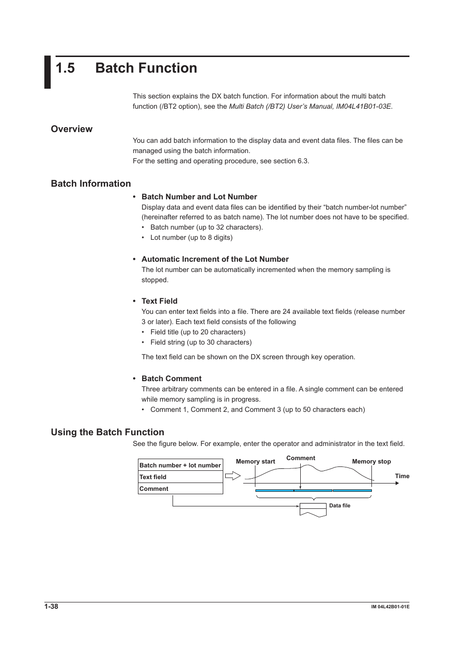 5 batch function, Batch function -38, Overview | Batch information, Using the batch function | Yokogawa Button Operated DX2000 User Manual | Page 49 / 359