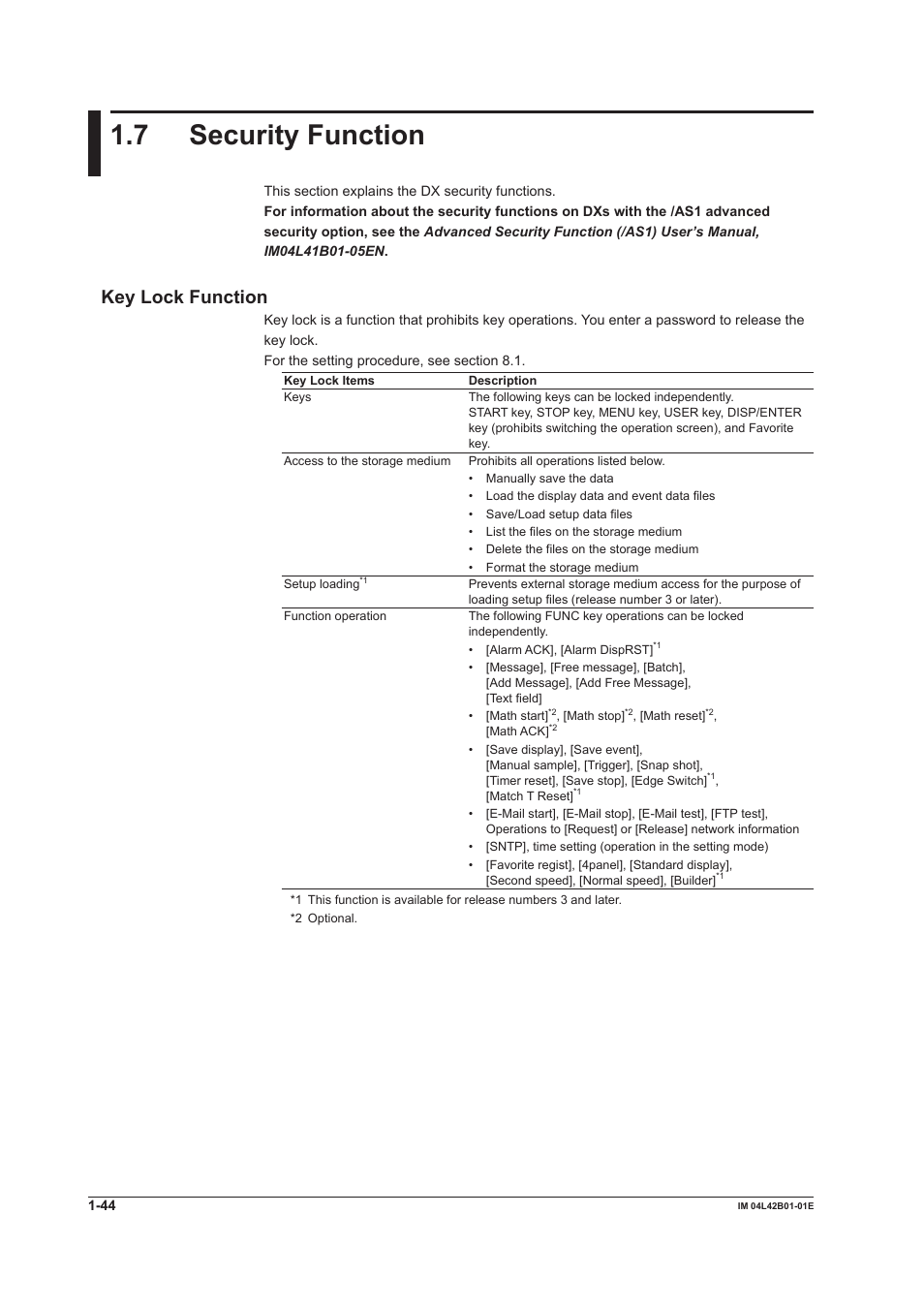 7 security function, Security function -44, Key lock function | Yokogawa Button Operated DX2000 User Manual | Page 55 / 359