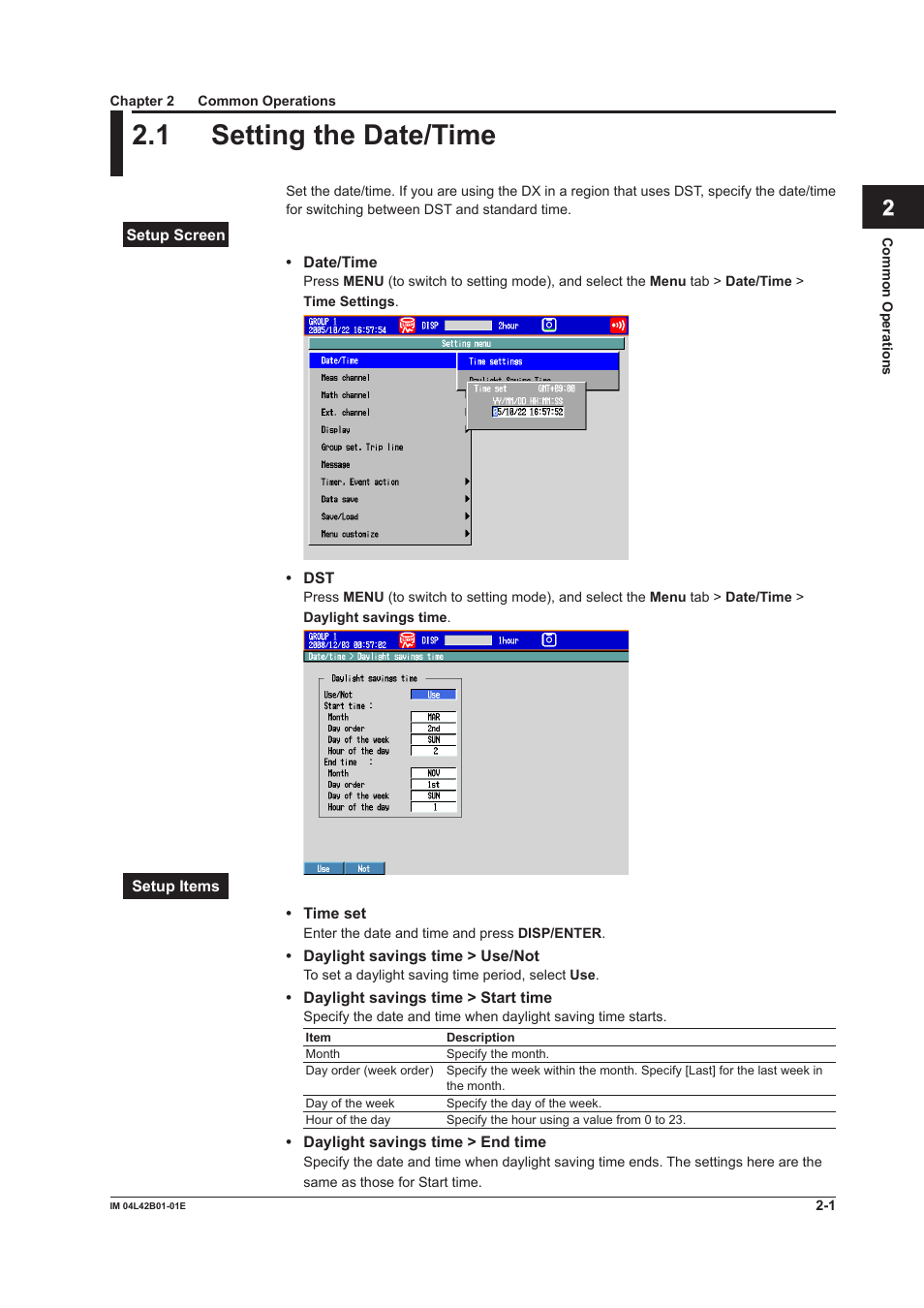 Chapter 2 common operations, 1 setting the date/time, Setting the date/time -1 | Yokogawa Button Operated DX2000 User Manual | Page 70 / 359