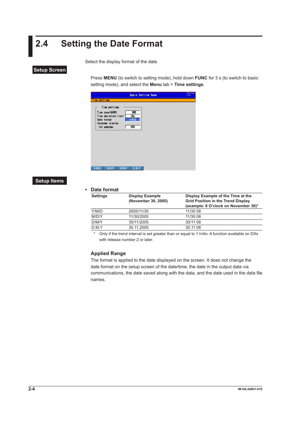 4 setting the date format, Setting the date format -4 | Yokogawa Button Operated DX2000 User Manual | Page 73 / 359