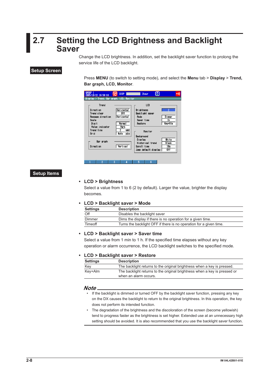 7 setting the lcd brightness and backlight saver, Setting the lcd brightness and backlight saver -8 | Yokogawa Button Operated DX2000 User Manual | Page 77 / 359