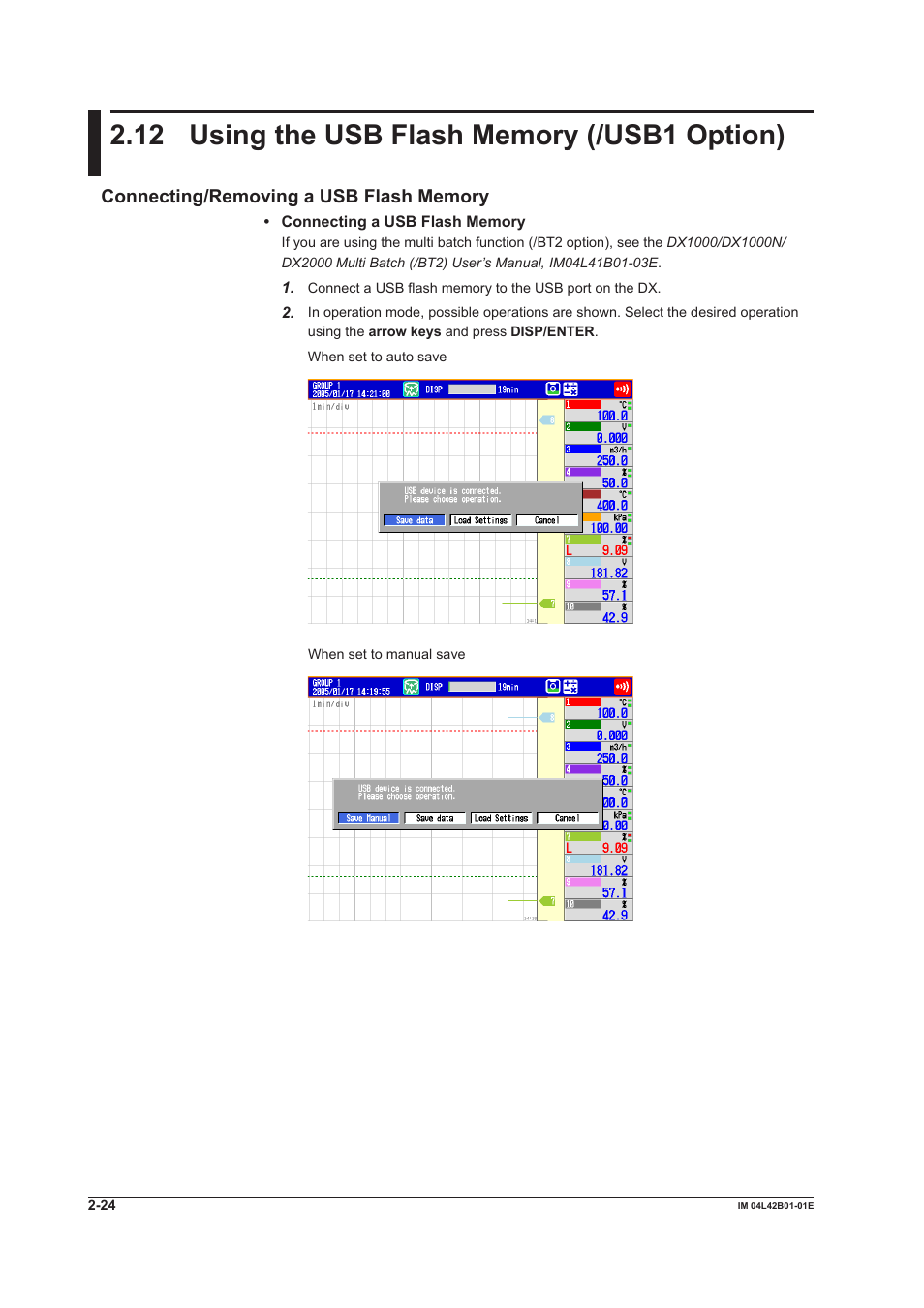 12 using the usb flash memory (/usb1 option), Using the usb flash memory (/usb1 option) -24 | Yokogawa Button Operated DX2000 User Manual | Page 93 / 359