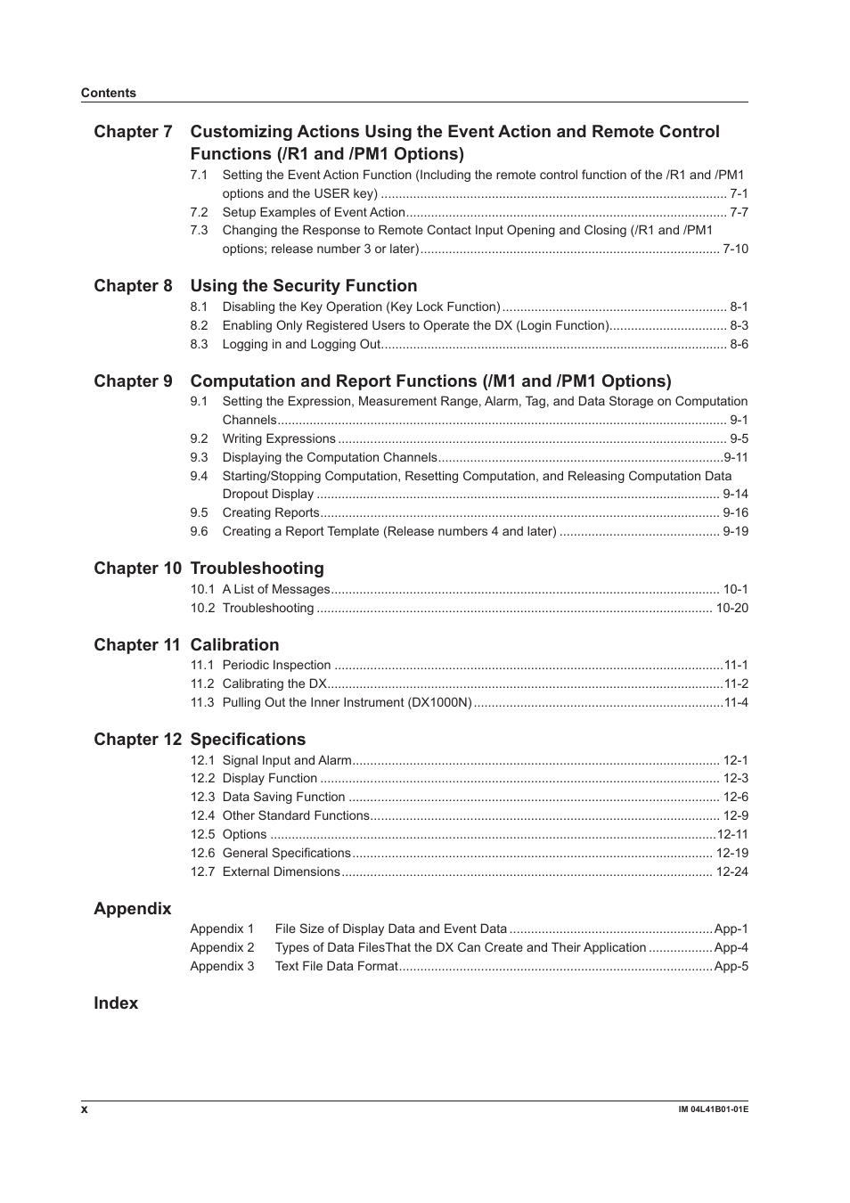 Chapter 8 using the security function, Chapter 10 troubleshooting, Chapter 11 calibration | Chapter 12 specifications, Appendix, Index | Yokogawa Removable Chassis DX1000N User Manual | Page 11 / 334