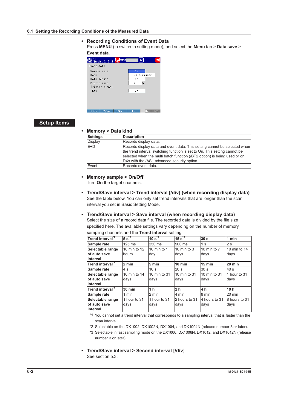 Setup items, Recording conditions of event data, Trend/save interval > second interval [/div | Yokogawa Removable Chassis DX1000N User Manual | Page 205 / 334