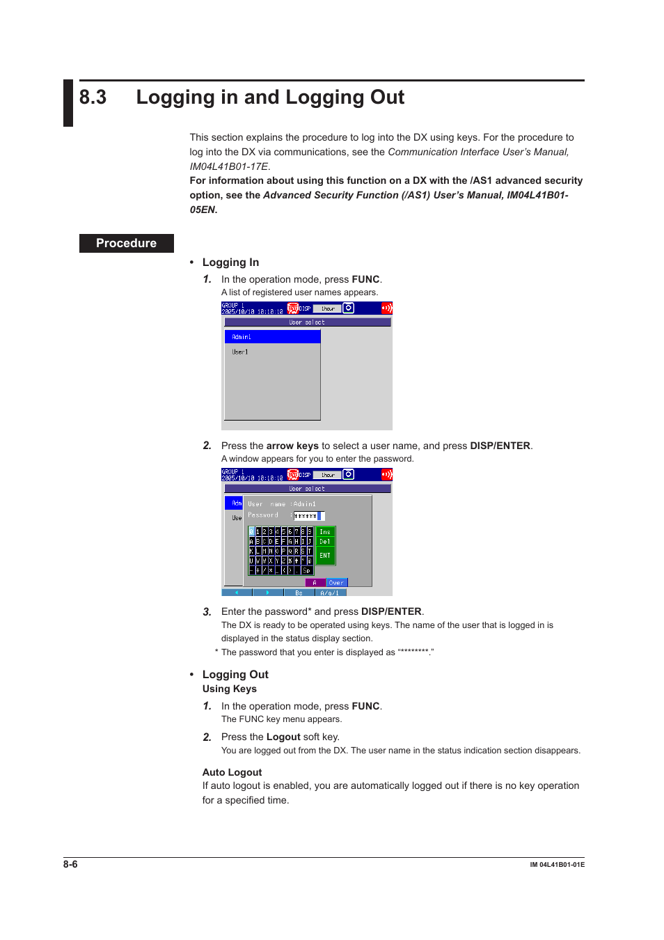 3 logging in and logging out, 3 logging in and logging out -6 | Yokogawa Removable Chassis DX1000N User Manual | Page 243 / 334